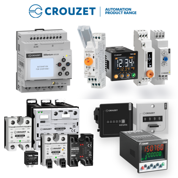 Crouzet: Micro-PLCs, Temporizadores analógicos, Relés de control y Motores paso a paso